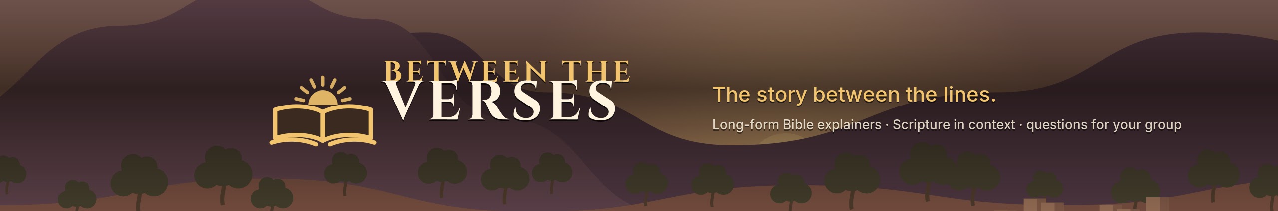 Between the Verses channel banner: dusk hills, an open book and sun, and the line The story between the lines.